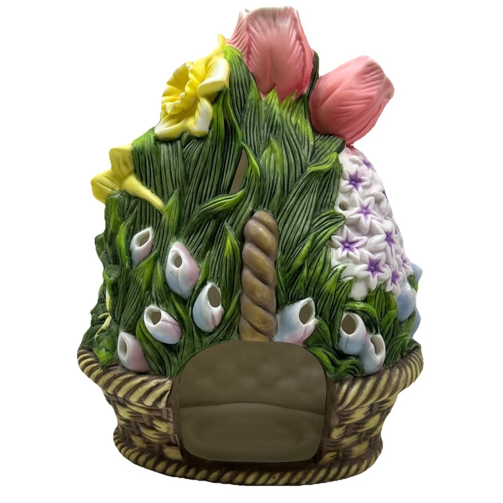 PartyLite Spring Floral Basket Tea Light Candle Holder Rose Votive Decor Vtg